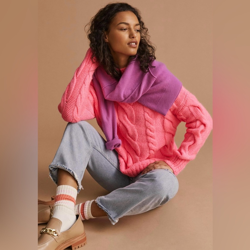 NWT Hot Pink Anthropologie Mock Neck Cable Knit Sweater - Small